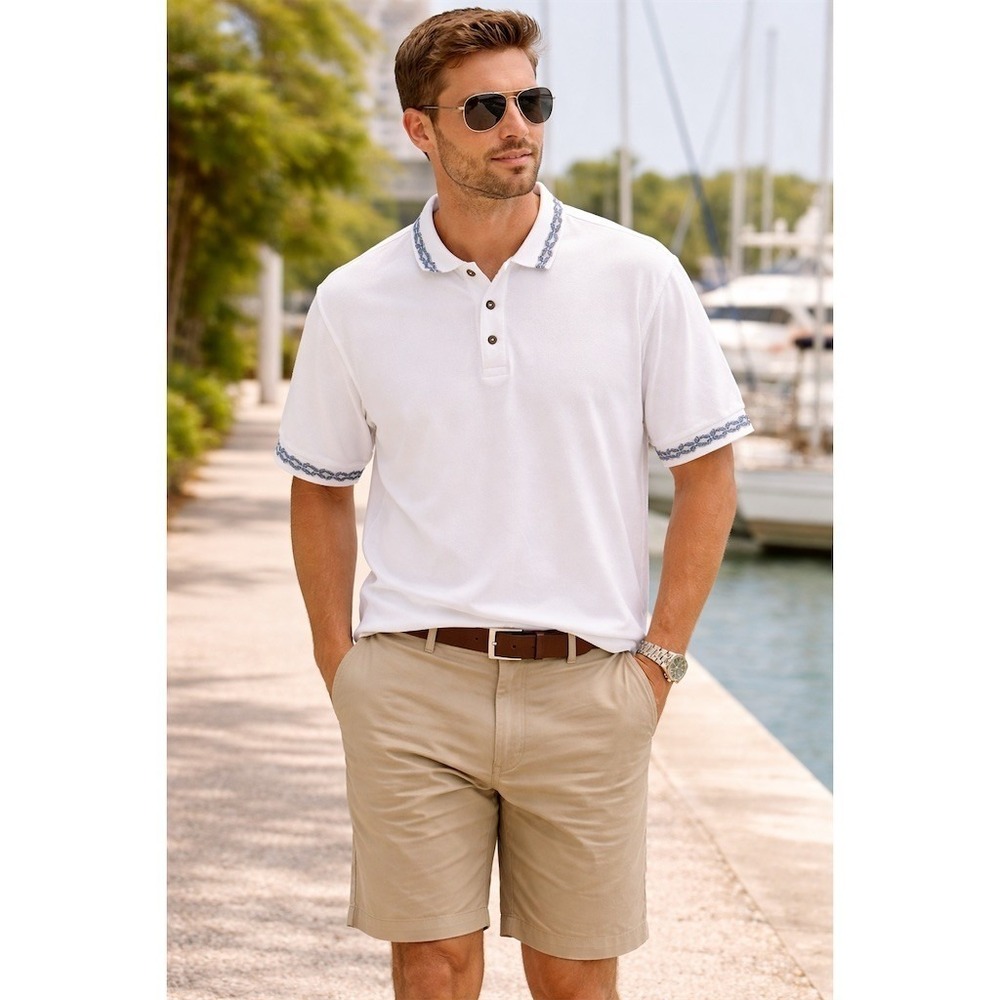 Carlyle Men's Polo Shirt Size L White S/S Blue Trim 3-Button vintage golf preppy
